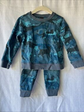 Tea Collection Blue/Gray Cat Camo Sweatshirt & Jogger Set 2T